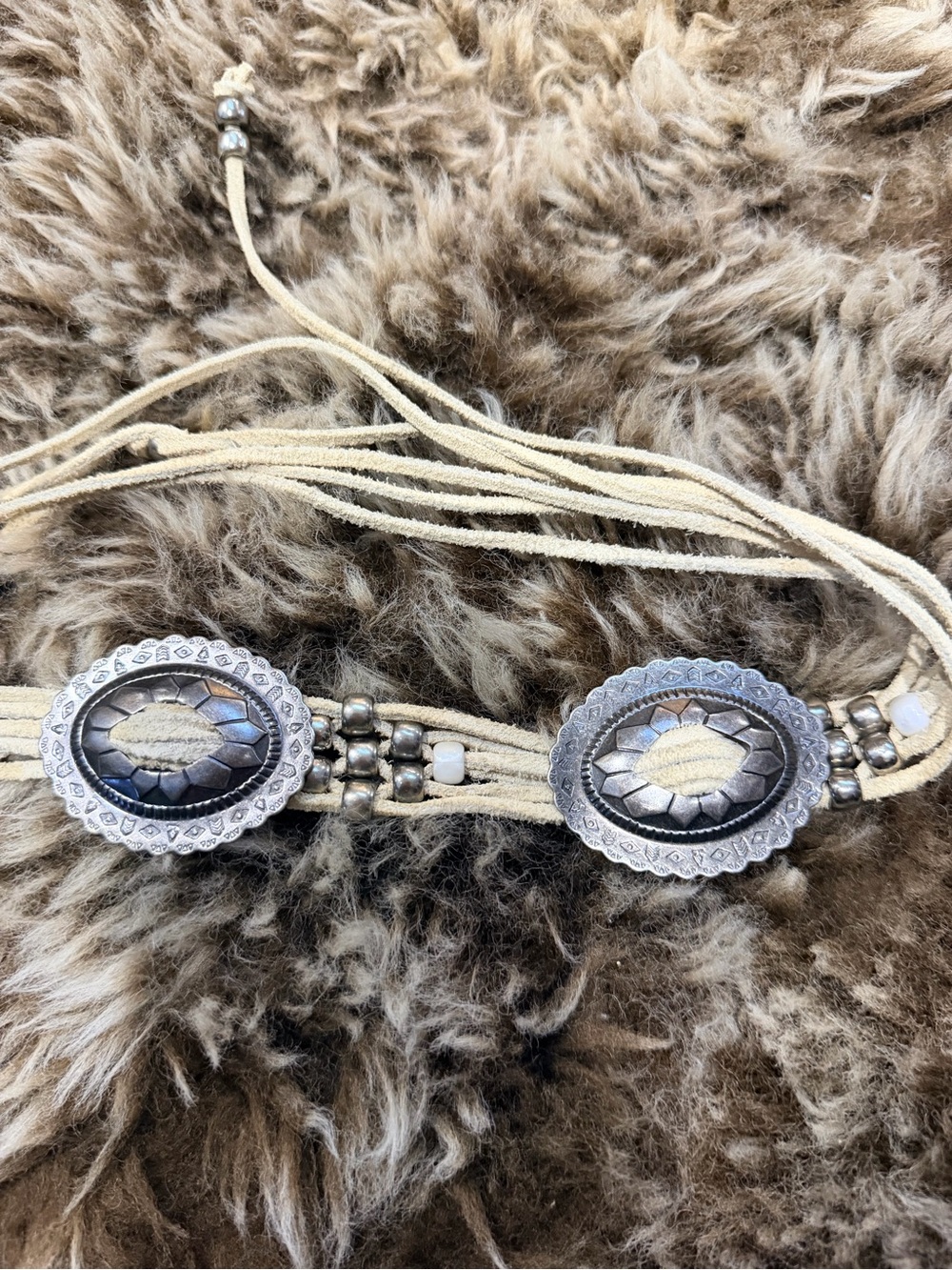 Vintage Suede and Silver Concho Tie Belt or Hat Tie including Fringe Beading